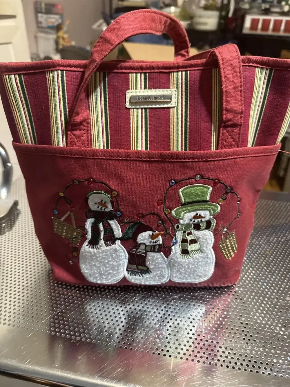 Longaberger Holiday Snowman Tote Bag Red Striped Canvas Christmas Embroidered